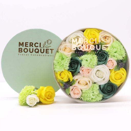 Spring Celebrations in Yellow & Greens Soap Flower Bouquet Gift Round Box 