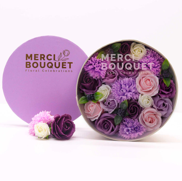 Purple Rose & Carnation Soap Flower Bouquet Gift Round Box