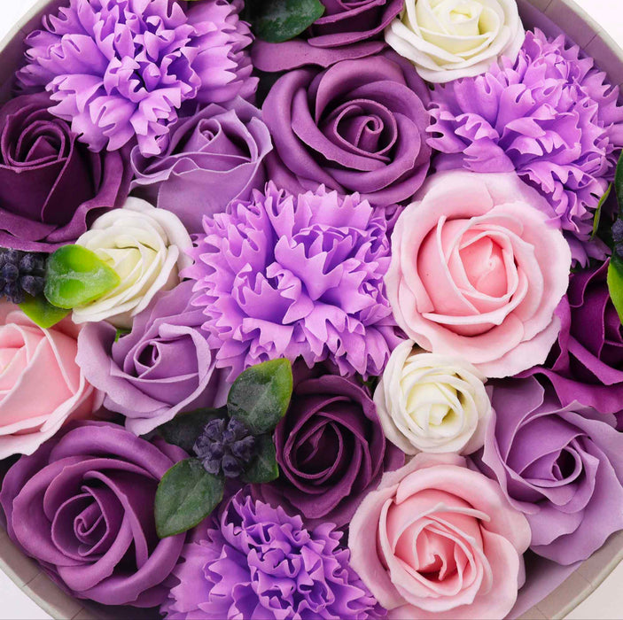 Purple Rose & Carnation Soap Flower Bouquet Gift Round Box