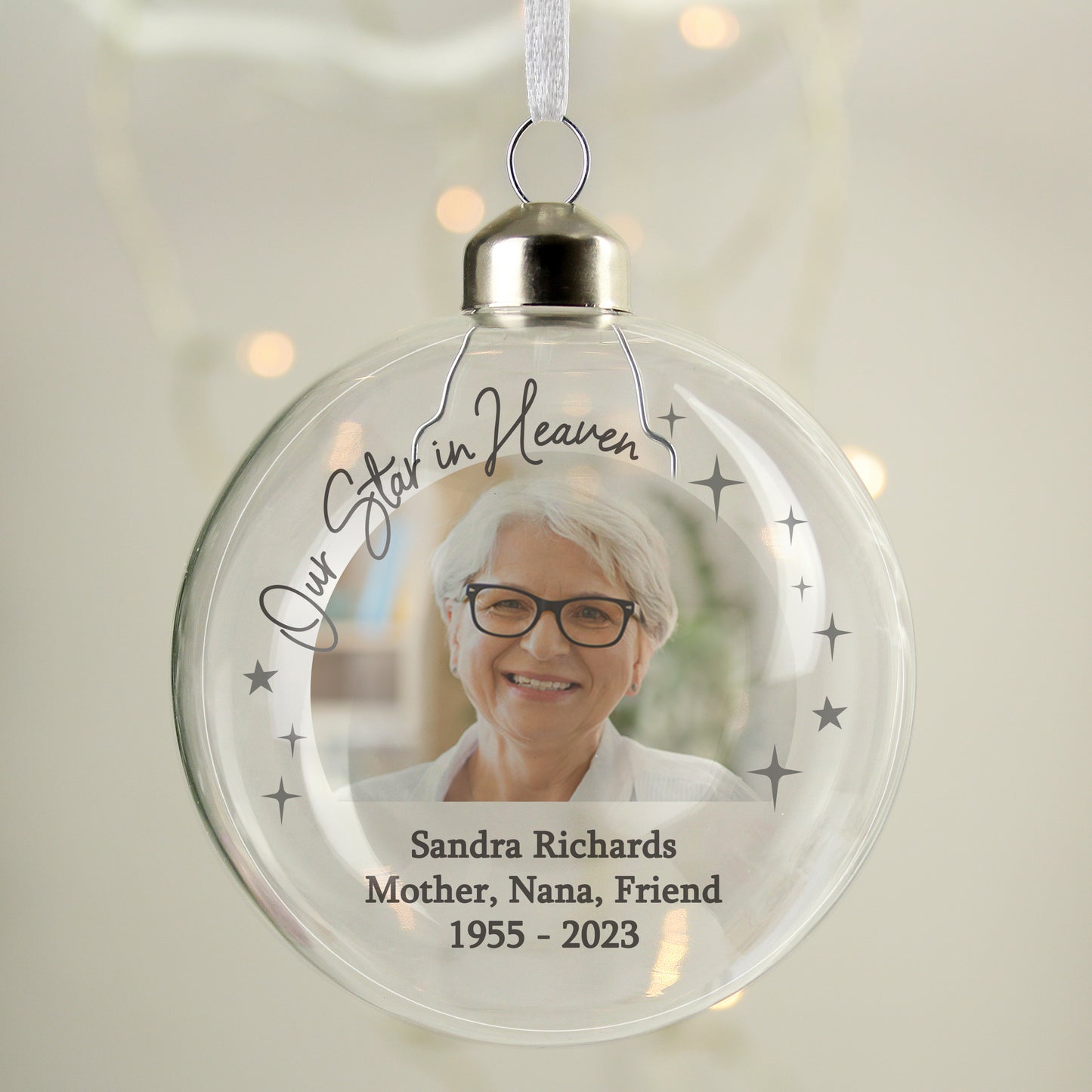 Personalised Our Star In Heaven Photo Upload Memorial Glass Bauble