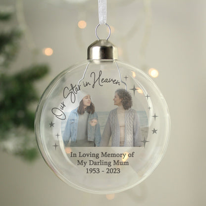 Personalised Our Star In Heaven Photo Upload Memorial Glass Bauble