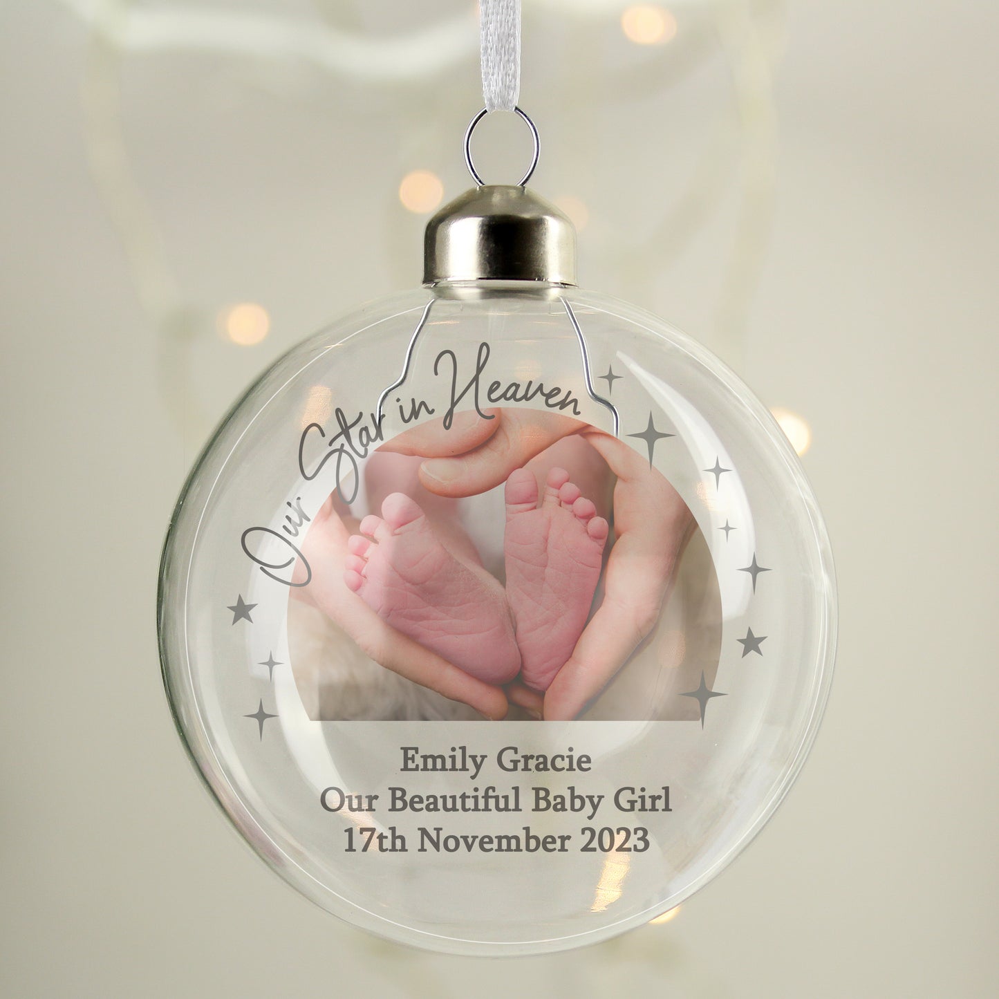 Personalised Our Star In Heaven Photo Upload Memorial Glass Bauble