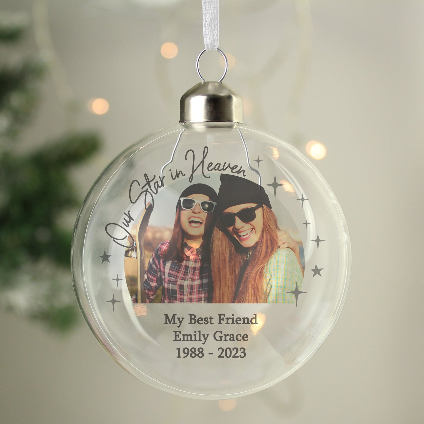 Personalised Our Star In Heaven Photo Upload Memorial Glass Bauble