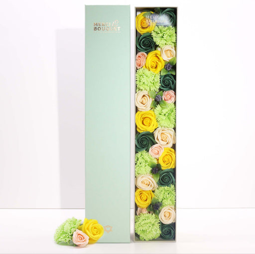 Spring Celibrations Yellow & Greens Soap Flowers Bouquet Extra Long Gift Box