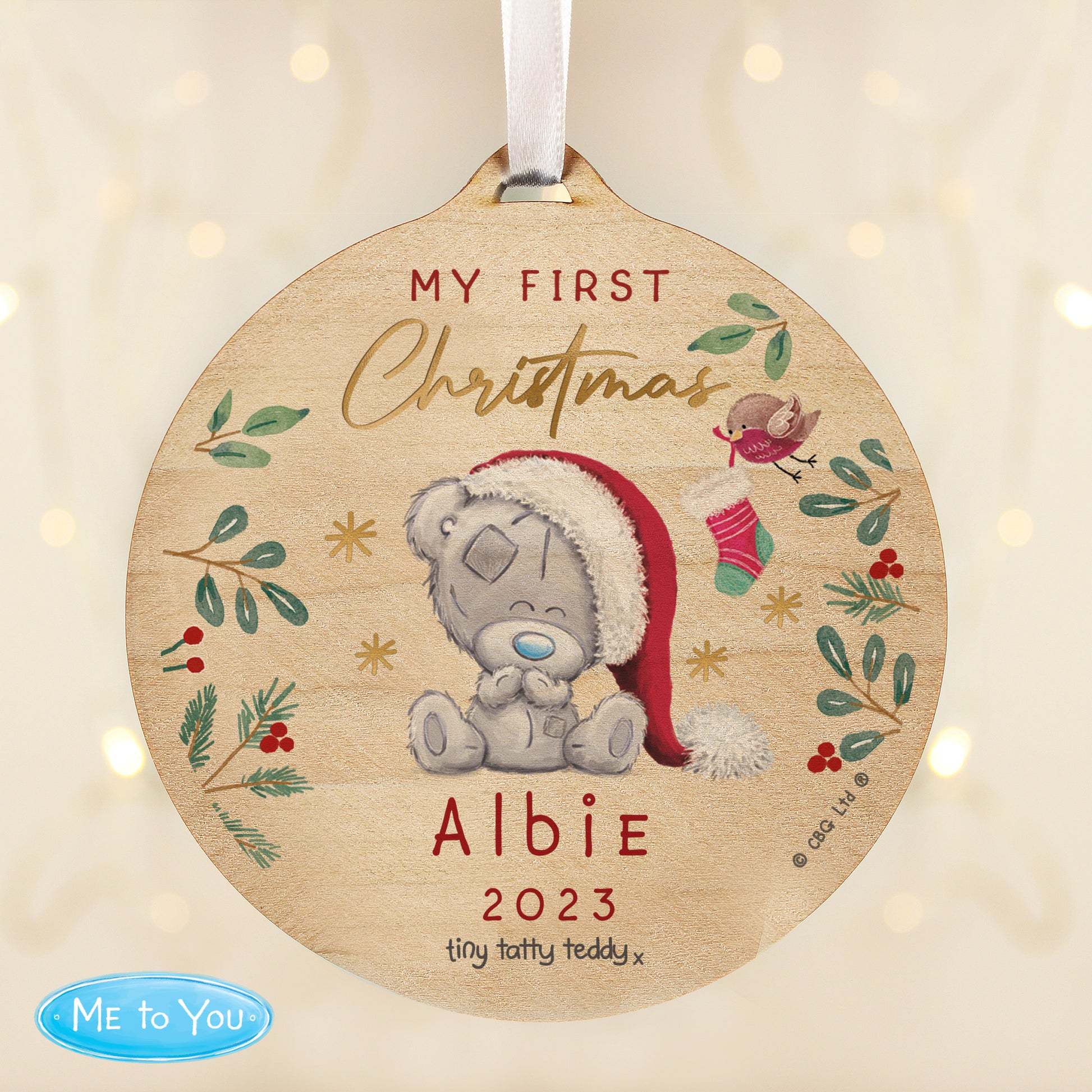 Personalised My First Christmas Tiny Tatty Teddy Round Wooden Decoration