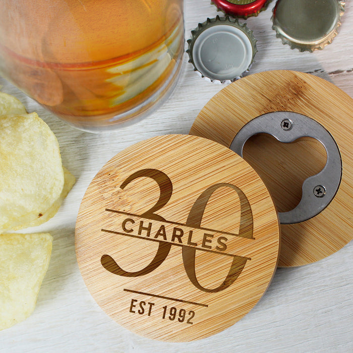 Personalised 30th Birthday Bamboo Bottle Opener Coaster