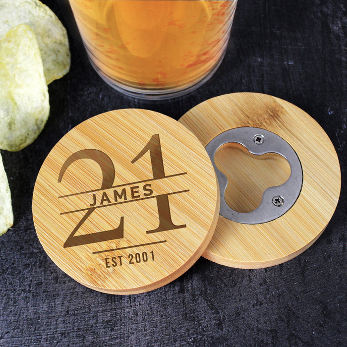 Personalised 21st Birthday Bamboo Bottle Opener Coaster