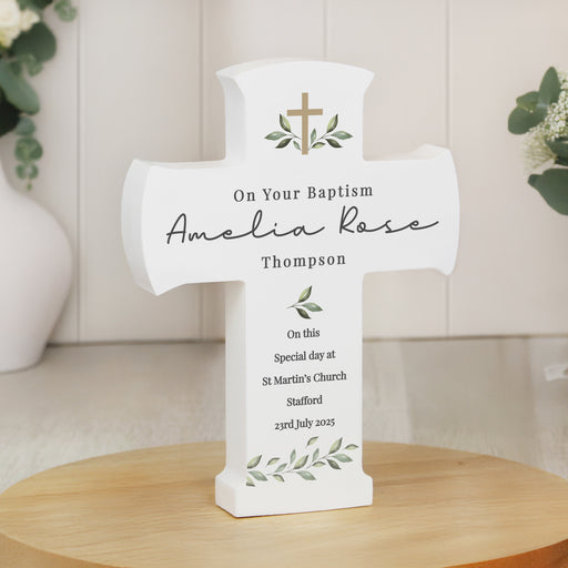 Personalised Botanical Religious Cross Wooden Ornament