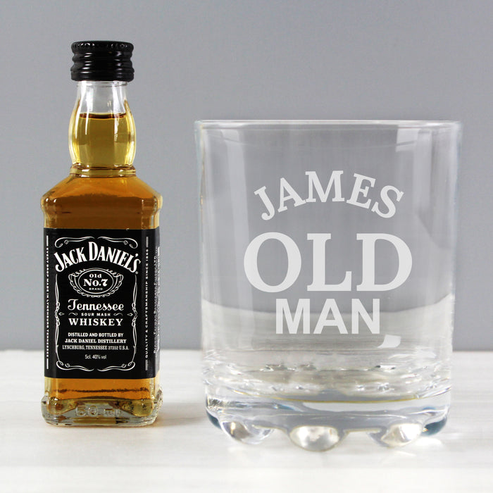 Engraved Old Man Tumbler Glass & Jack Daniels Miniature Gift Set