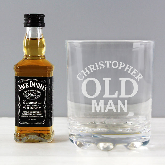 Engraved Old Man Tumbler Glass & Jack Daniels Miniature Gift Set