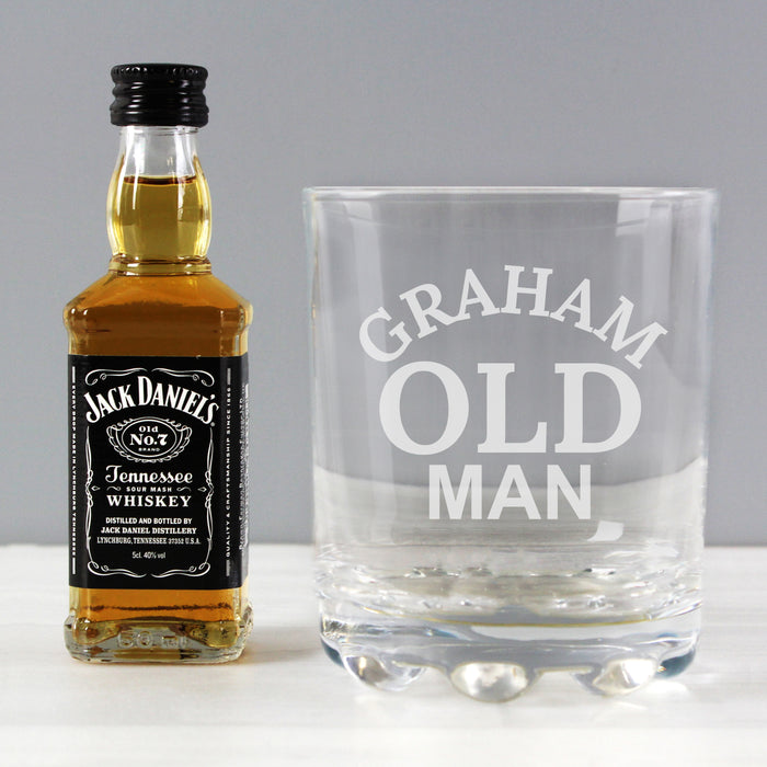 Engraved Old Man Tumbler Glass & Jack Daniels Miniature Gift Set