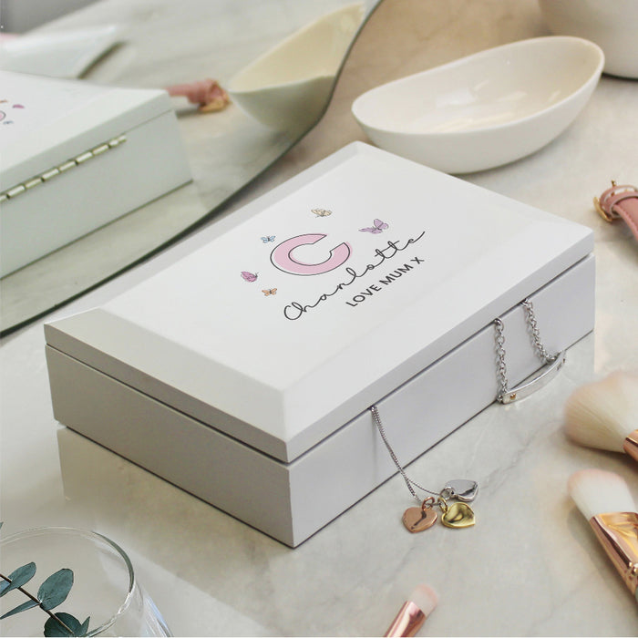 Personalised Butterfly Initial White Wooden Jewellery Box