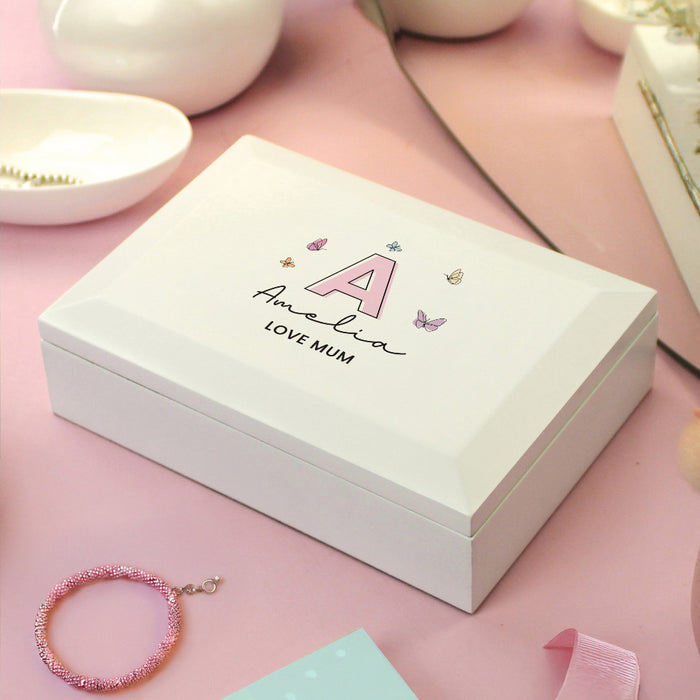Personalised Butterfly Initial White Wooden Jewellery Box