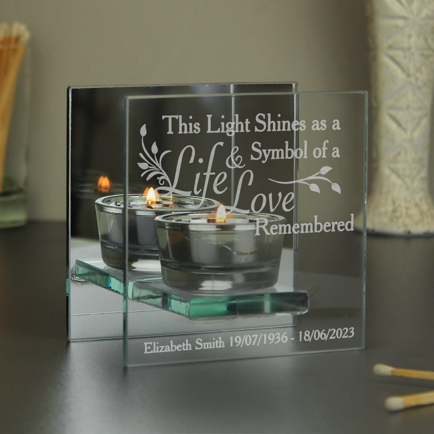 Personalised Life & Love Memorial Mirrored Glass Tea Light Holder