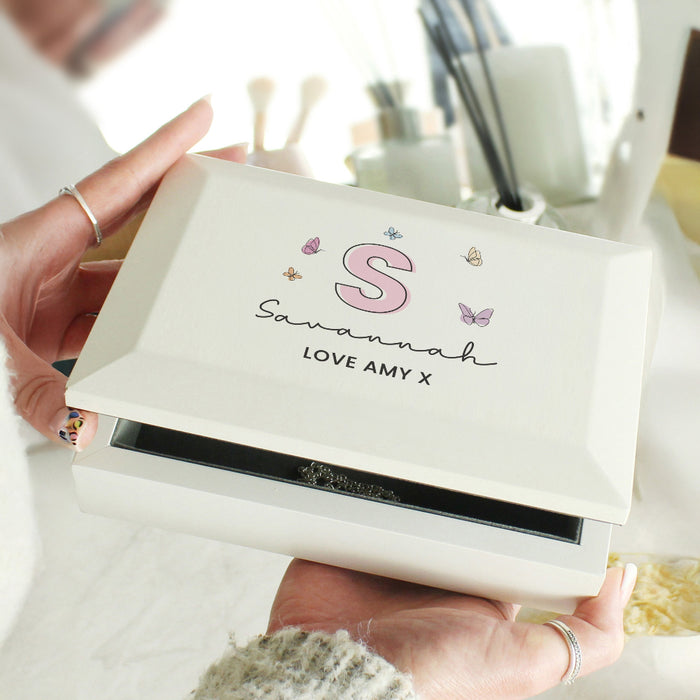 Personalised Butterfly Initial White Wooden Jewellery Box