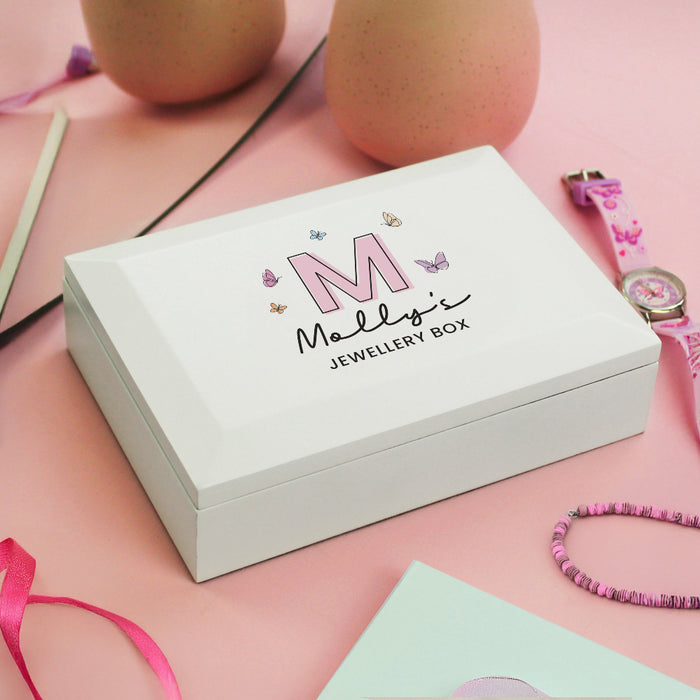 Personalised Butterfly Initial White Wooden Jewellery Box