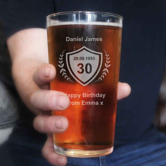 Personalised 30th Birthday Crest Pint Glass