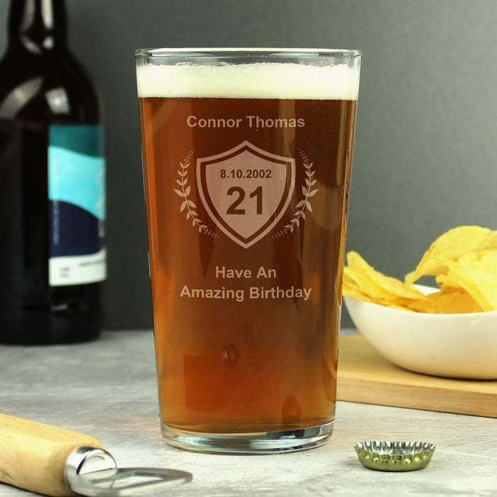 Personalised 21st Birthday Crest Pint Glass