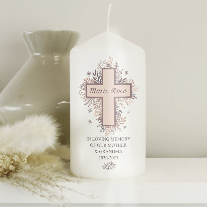 Personalised Floral Cross Memorial Pillar Candle