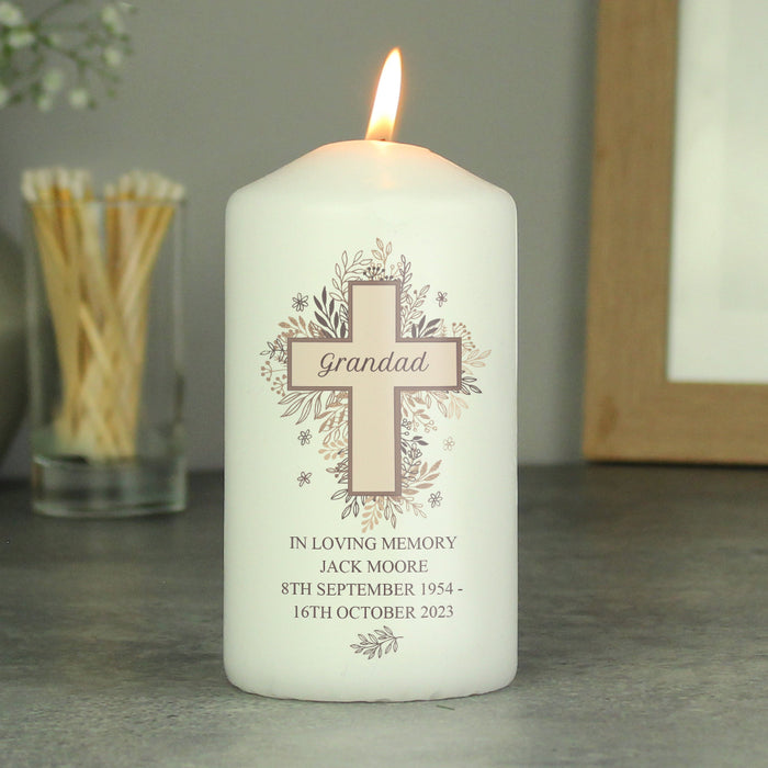 Personalised Floral Cross Memorial Pillar Candle