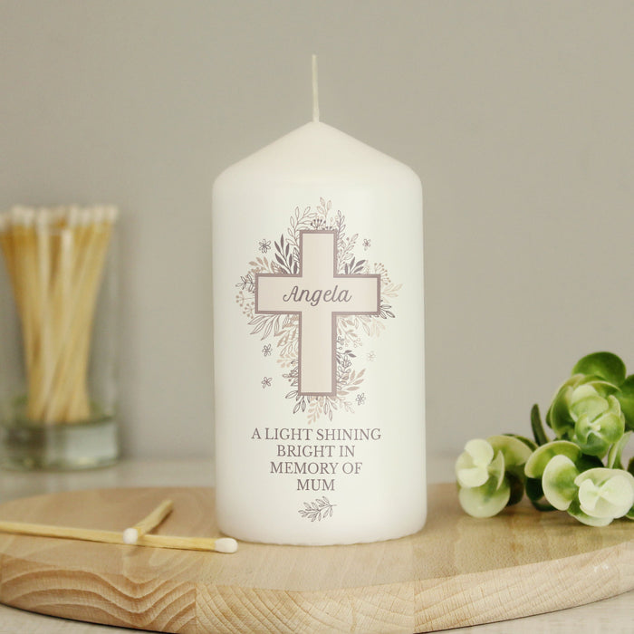 Personalised Floral Cross Memorial Pillar Candle