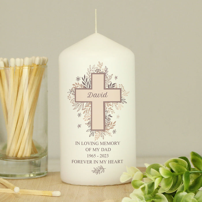 Personalised Floral Cross Memorial Pillar Candle