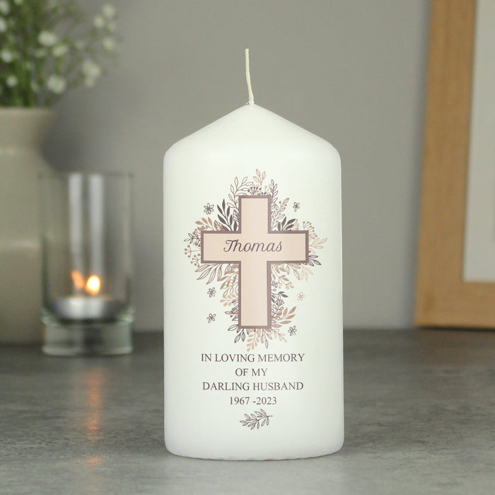 Personalised Floral Cross Memorial Pillar Candle