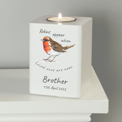 Personalised Robin In Memory Memorial Wooden Tealight Holder