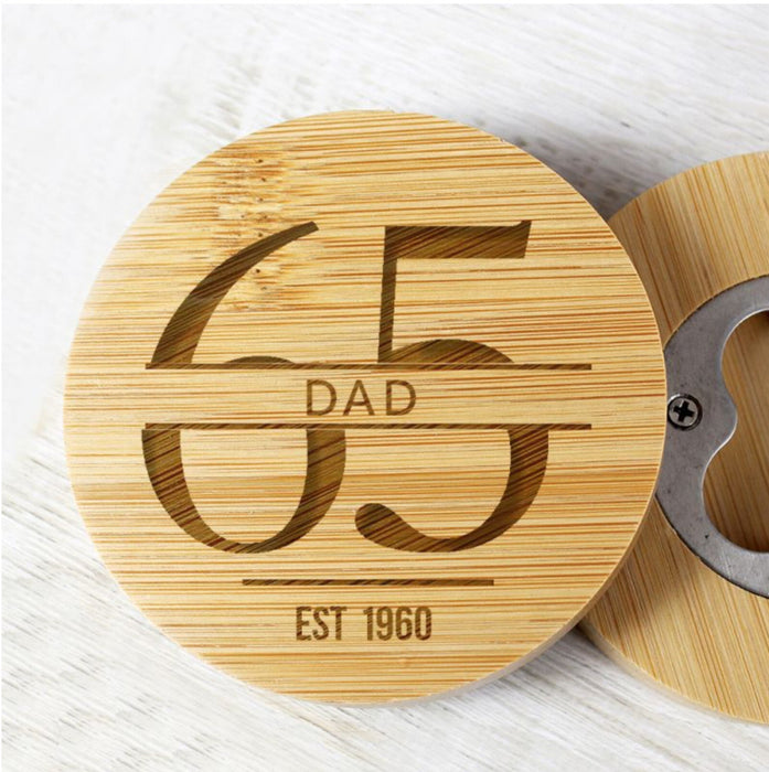 Personalised 65th Birthday Bamboo Bottle Opener Coaster