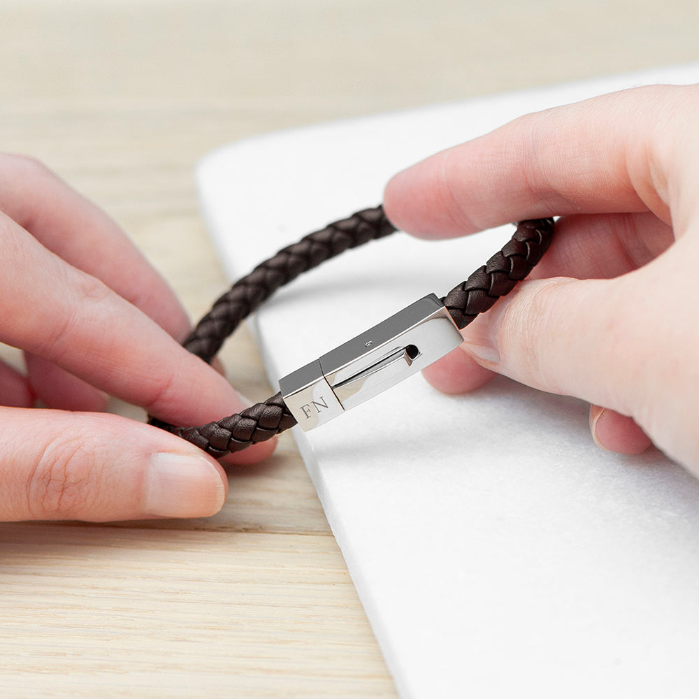 Personalised Men's Brown Leather Contemporary Clasp Bracelet