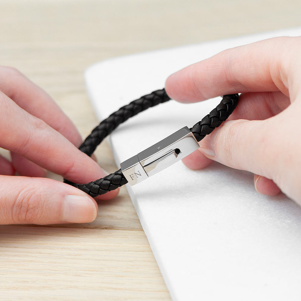 Personalised Men’s Black Leather Bracelet with Tube Clasp