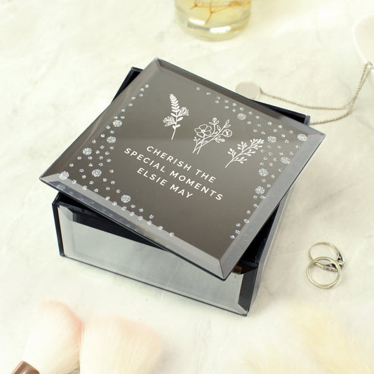 Personalised Floral Flower Diamante Mirrored Trinket Box