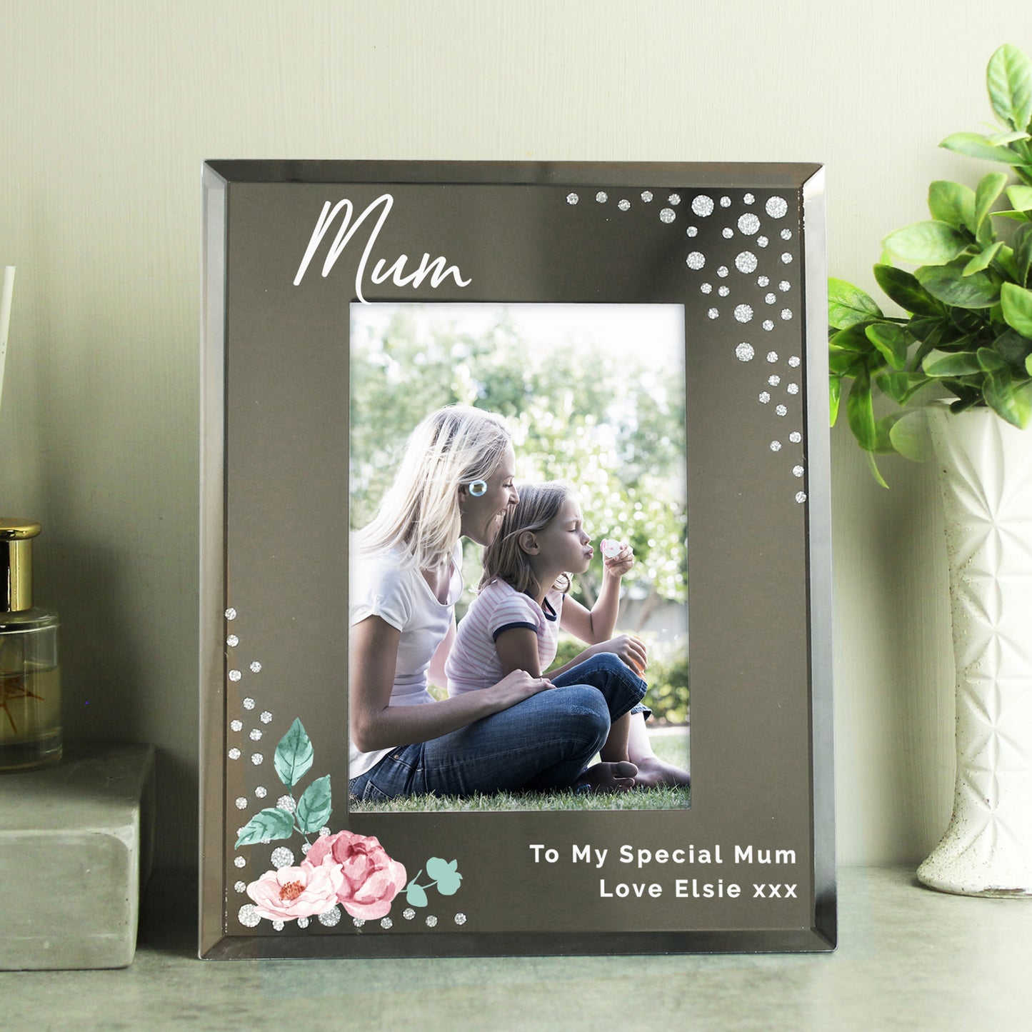 Personalised Floral Diamante Glass Photo Frame 6x4