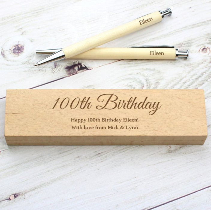Personalised 100th Birthday Wooden Pen & Pencil Box Gift Set