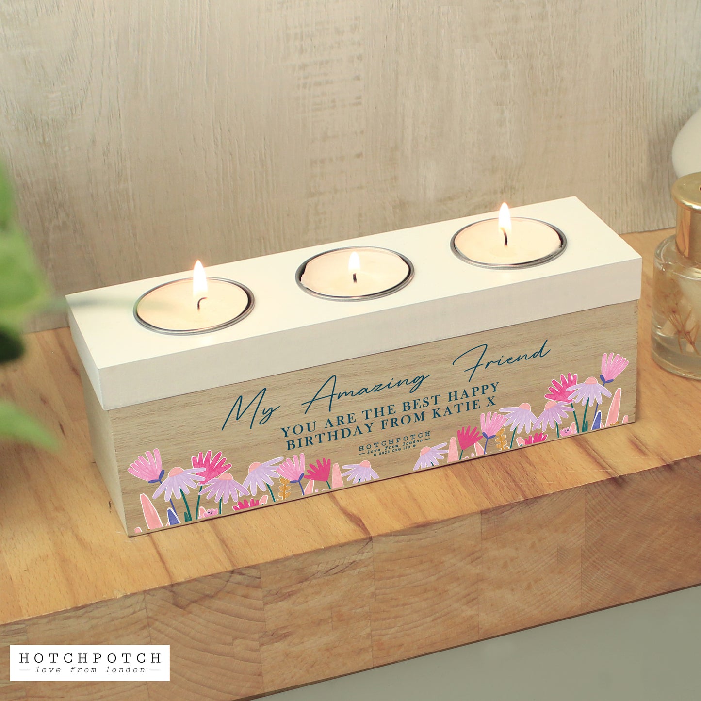 Personalised Wild Flower Triple Tealight Box