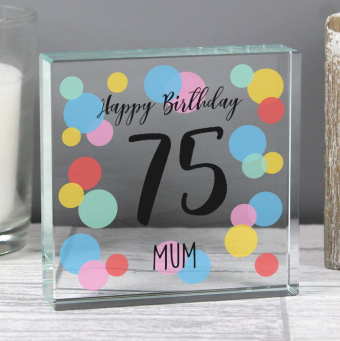 Personalised 75th Birthday Confetti Crystal Glass Block