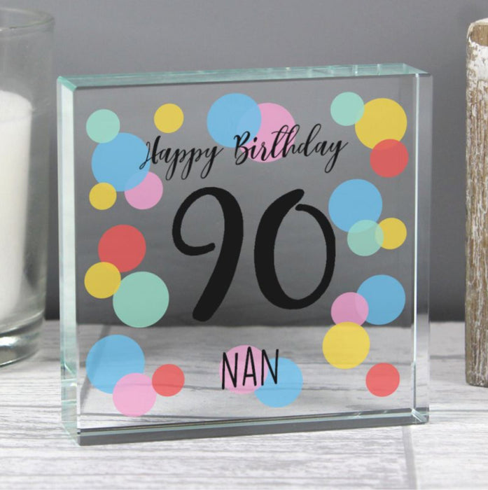 Personalised 90th Birthday Confetti Crystal Glass Block