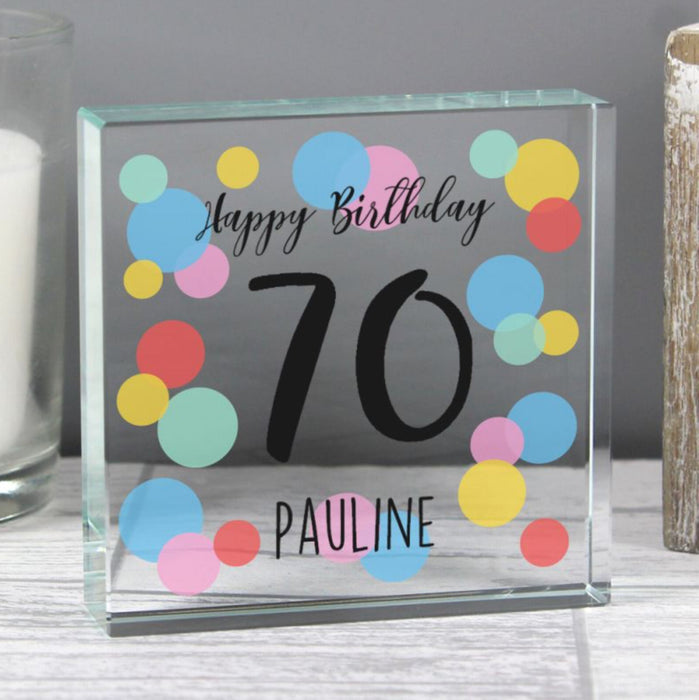 Personalised 70th Birthday Confetti Crystal Glass Block