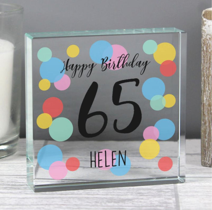 Personalised 65th Birthday Confetti Crystal Glass Block