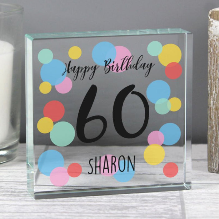 Personalised 60th Birthday Confetti Crystal Glass Block