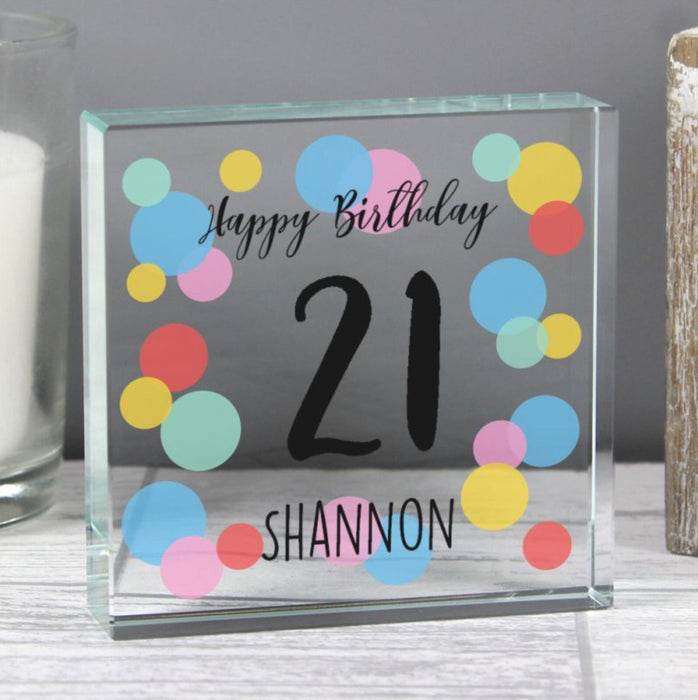 Personalised 21st Birthday Confetti Crystal Glass Block