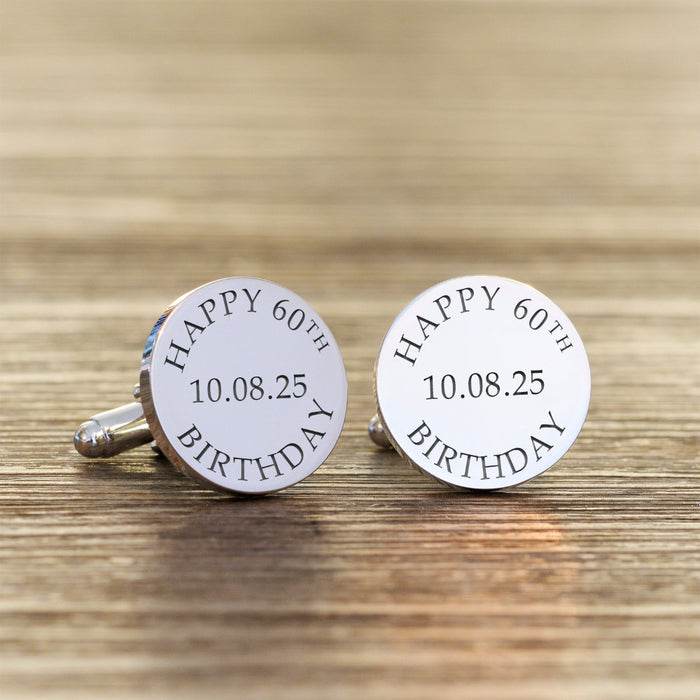Engraved Happy 60th Birthday Cufflinks - Silver Finish