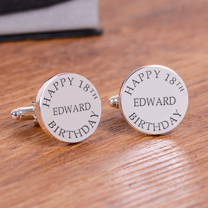 Engraved Happy 18th Birthday Cufflinks - Silver Finish