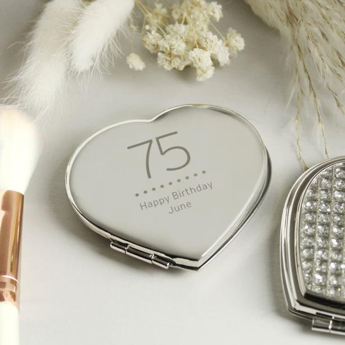Personalised 75th Birthday Diamante Heart Compact Mirror