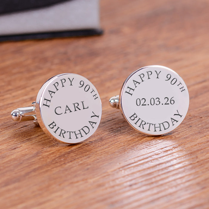 Engraved Happy 90th Birthday Cufflinks - Silver Finish