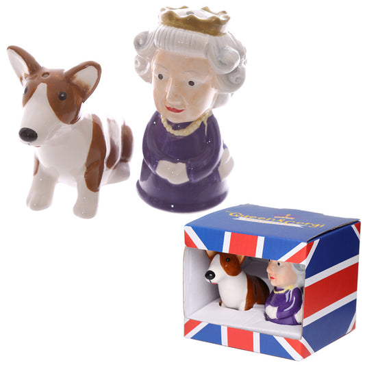 Queen and Corgi Ceramic Salt & Pepper Shakers Set