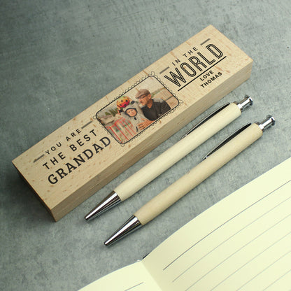 Personalised Best In The World Photo Upload Wooden Pen and Pencil Box Set