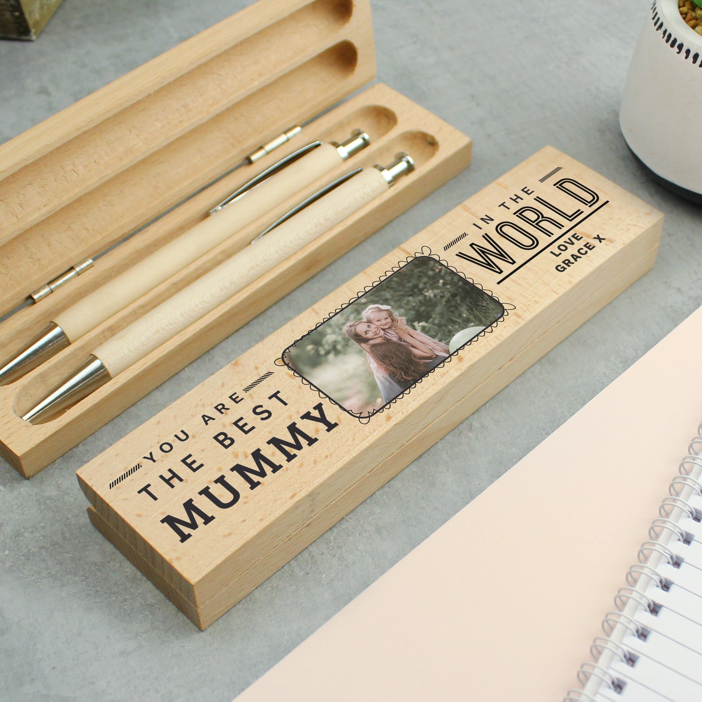 Personalised Best In The World Photo Upload Wooden Pen and Pencil Box Set