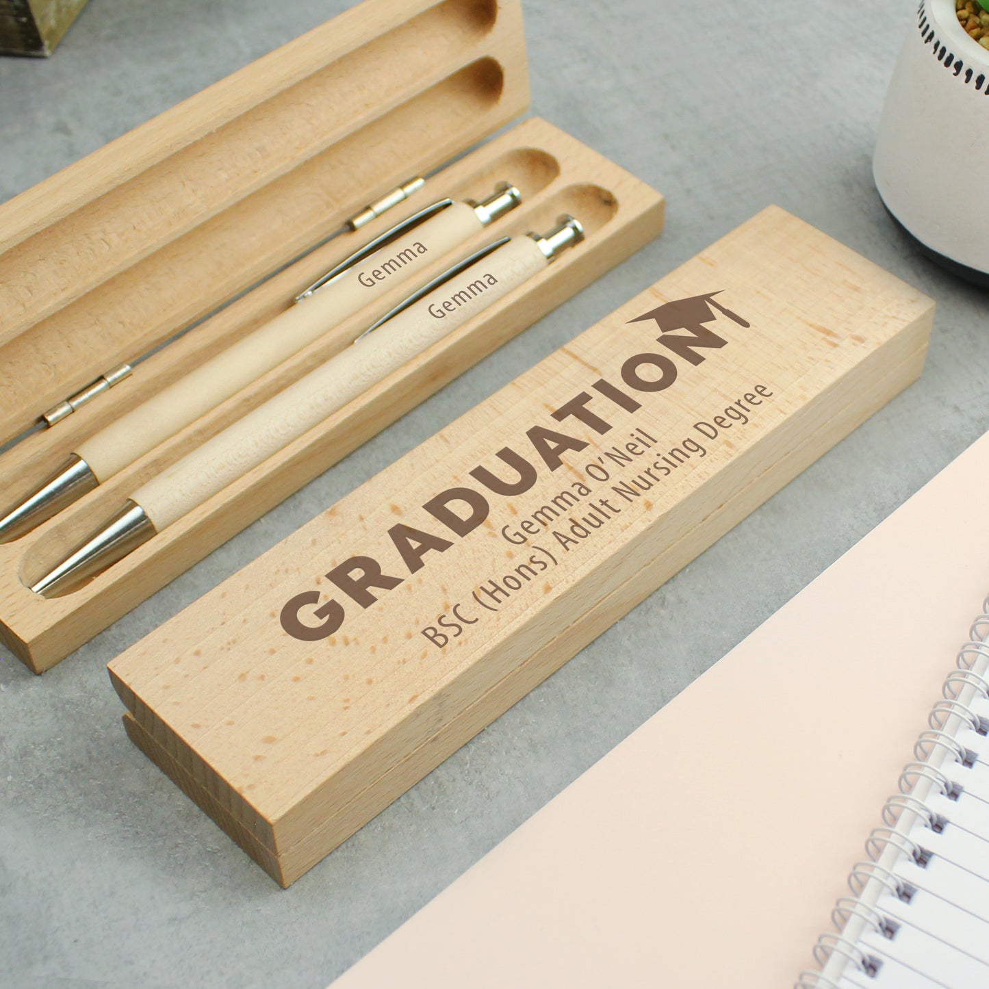 Personalised Graduation Wooden Pen and Pencil Box Set