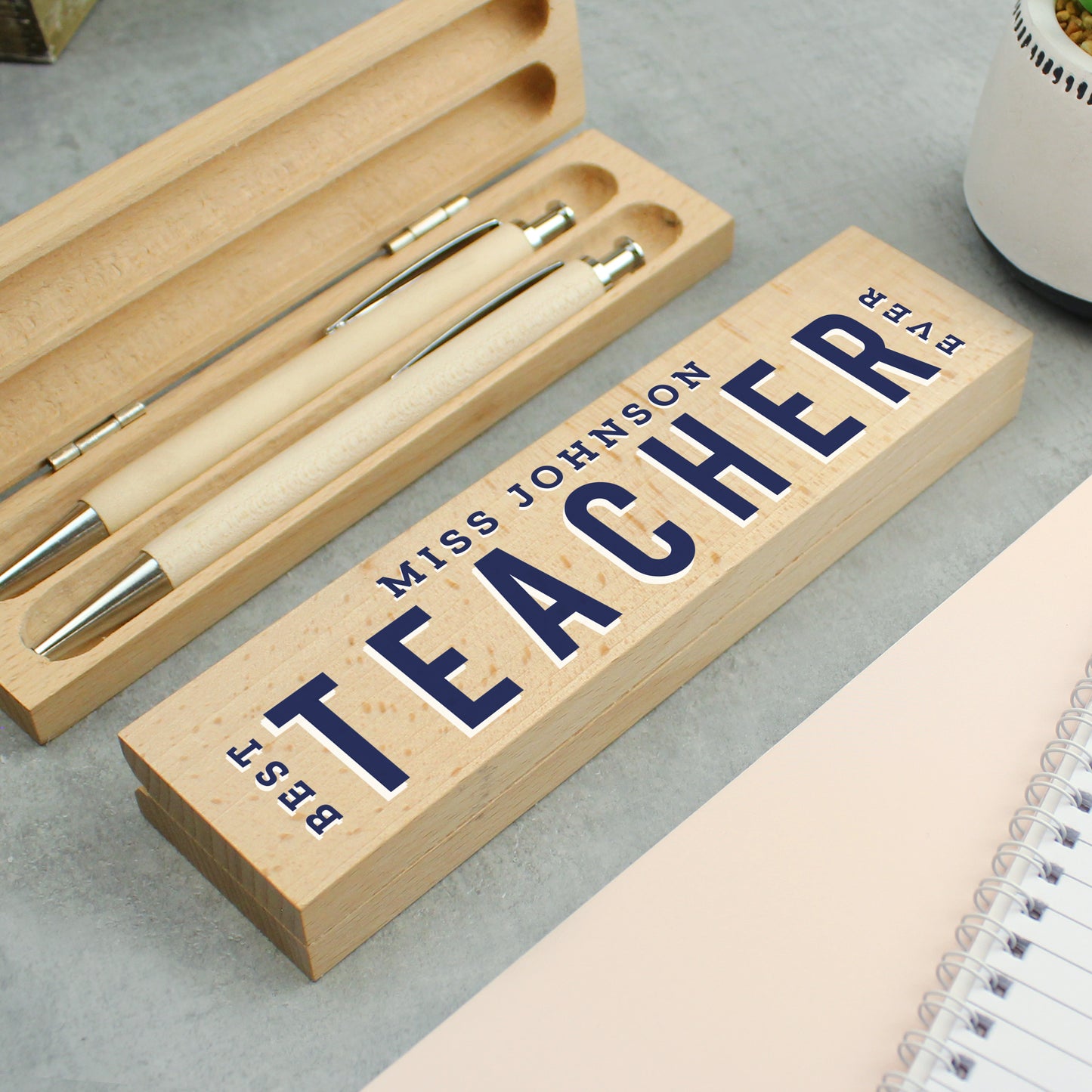 Personalised Best Teacher Wooden Pen and Pencil Box Set